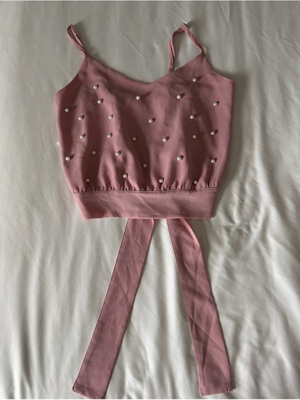 Pink Pearl-Embellished Spaghetti Strap Crop Top